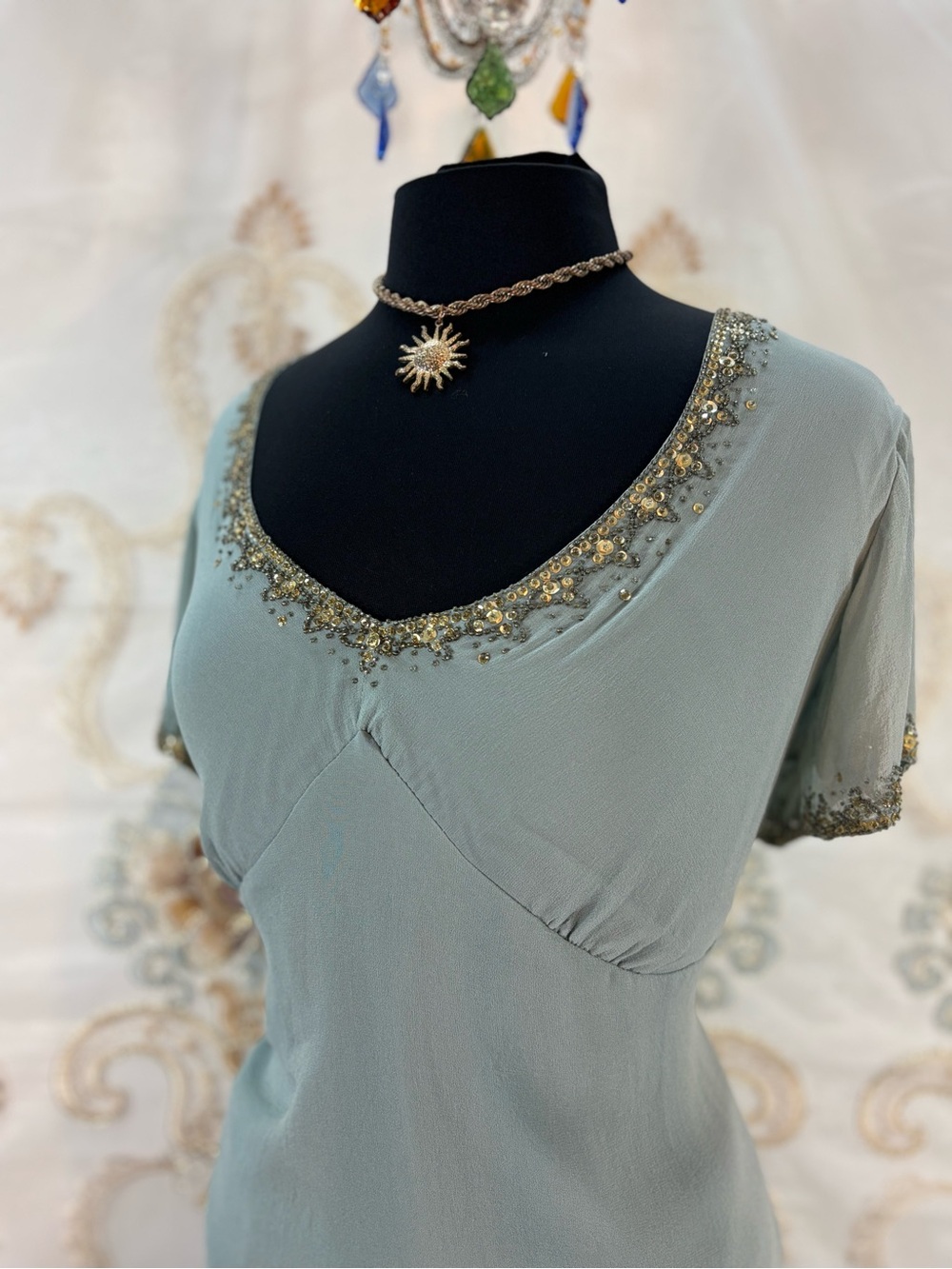 ✨Vintage Y2K Bohemian Silk Seafoam Beaded Fairy Blouse✨ - Picture 2 of 7